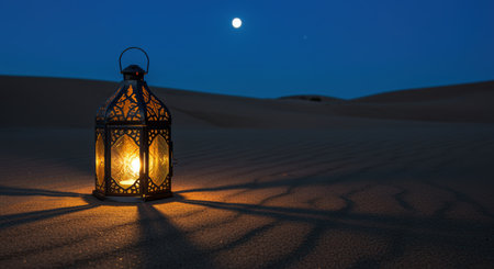 Traditional lantern glowing on desert sand beneath the moonlit sky, casting intricate shadows during tranquil nighttime solitude.の素材