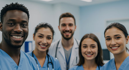 confident diverse healthcare team of young medical professionals smiling together in a modern clinical setting.の素材