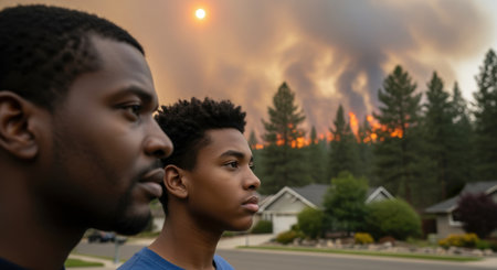 Father and son observing advanced wildfire near residential neighborhood surrounded by towering pine trees, dense smoke clouds rising.の素材