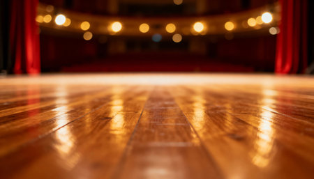 Shiny wooden theater stage floor illuminated by warm lights with blurred audience seating and red curtains in the background.の素材