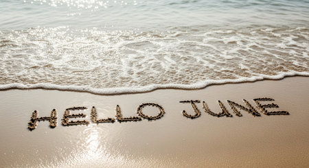 hello june written on sandy beach with gentle ocean waves, symbolizing summer, new beginnings, and coastal relaxation.の素材