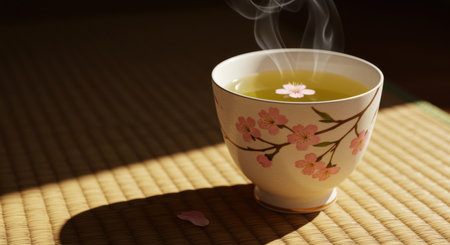 Steaming green tea in floral ceramic cup with cherry blossom petal on tatami mat in warm morning sunlight.の素材