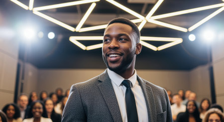 Confident young professional man delivers motivational speech to engaged audience in modern conference hall with dynamic lighting.の素材