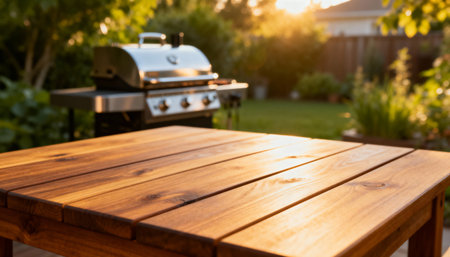 Sunlit wooden patio table with barbecue grill in lush backyard garden during summer afternoon outdoor gathering.の素材