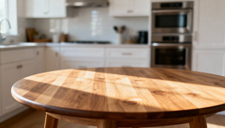 Round wooden dining table in a bright modern kitchen with natural sunlight on white cabinets and stainless appliances.の素材