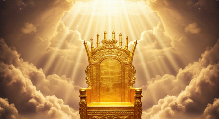 Golden ornate throne illuminated by radiant sunlight with dramatic clouds and heavenly rays shining from above in a majestic atmosphere.の素材