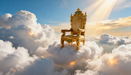 Ornate golden floating throne among fluffy clouds under radiant sunlight in a majestic, ethereal sky.の素材