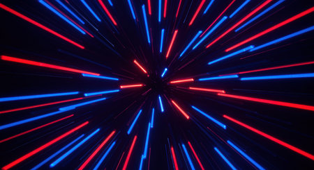 Red and blue neon light streaks radiate from a central point, creating a dynamic futuristic warp speed tunnel effect.の素材