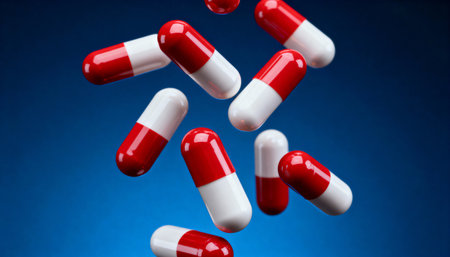 Red and white medical capsules falling in midair on a blue background, representing modern healthcare and pharmaceutical innovation.の素材