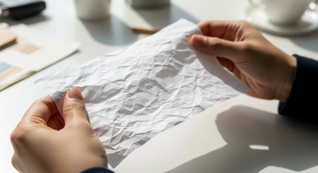 Hands holding a crumpled blank sheet of paper on a bright desk, concept of creativity, planning, and new beginnings.の素材