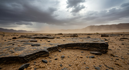 Dry desert landscape with scattered rocks and dramatic cloudy sky before incoming sandstorm on remote arid terrain.の素材