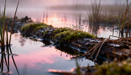 Morning dew on moss covered log surrounded by wetland grass and calm water at sunrise with soft pastel colors and misty atmosphere.の素材