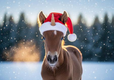 Adorable brown unicorn foal wearing a festive santa hat outdoors in snowy winter forest with falling snow and soft morning sunlight.の素材