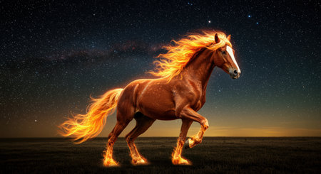 Majestic chestnut horse with fiery mane galloping under a vibrant starlit night sky across an open grassy field.の素材
