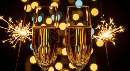 Elegant champagne glasses with sparkling wine and festive sparklers against a glowing bokeh background for celebration mood.の素材