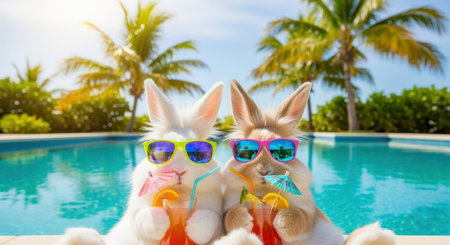 Two playful bunnies relaxing by the poolside with colorful sunglasses and tropical drinks under vibrant palm trees in summer sun.の素材
