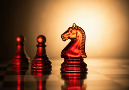 Red glass chess knight and pawns highlighted on chessboard with dramatic lighting and strategic board game atmosphere.の素材