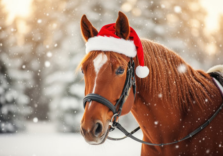 Chestnut horse wearing a santa hat stands in a snowy winter forest with falling snowflakes during the holiday season.の素材