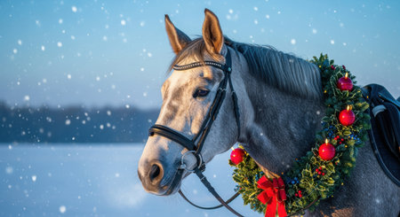 Gray horse adorned with a festive wreath of red ornaments and bow standing outdoors in falling winter snow during daylight.の素材