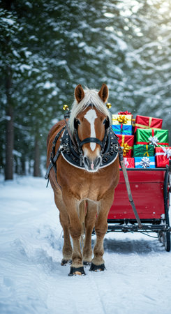Chestnut horse pulling red sleigh filled with colorful wrapped presents through snowy winter forest during festive holiday season.の素材