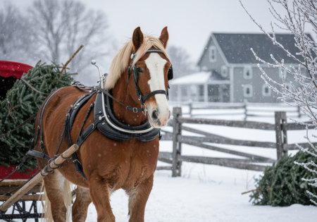 Chestnut draft horse pulling wagon with evergreen trees on snowy countryside farm during winter with farmhouse and wooden fence.の素材