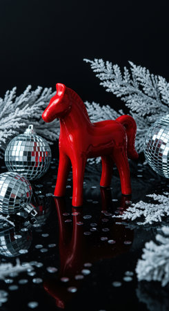 Red ceramic horse surrounded by silver disco balls and frosted branches on a reflective black surface celebrating the festive season.の素材