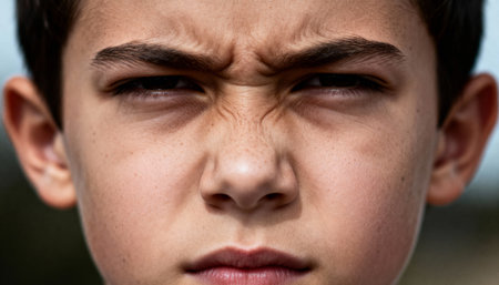 Close up of serious young boy with furrowed brow expressing determination and intense emotions outdoors in natural daylight.の素材