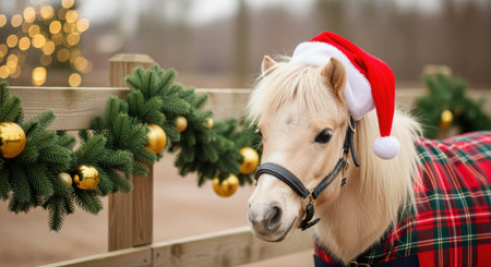 Adorable pony in festive santa hat and plaid blanket standing beside christmas decorations with golden ornaments and green garlands.の素材