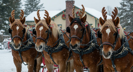 Festively dressed horses in harness with antler headbands standing in snowfall before a decorated house during winter holiday season.の素材