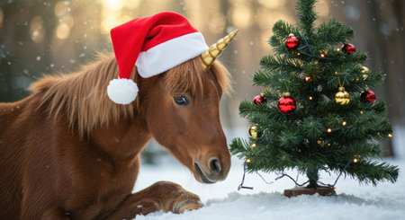 Adorable brown unicorn wearing santa hat lying in snow beside decorated christmas tree with ornaments and festive winter lights.の素材