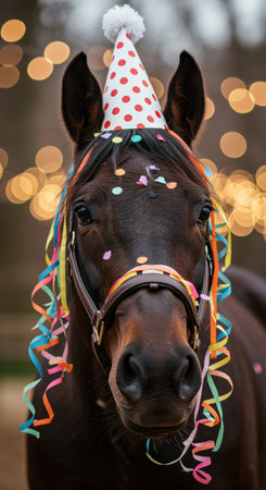 Dark brown horse wearing festive party hat and colorful streamers, surrounded by confetti and warm glowing bokeh lights outdoors.の素材