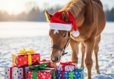Adorable young horse wearing santa hat curiously sniffs colorful wrapped gifts on snowy winter landscape during festive holiday season.の素材