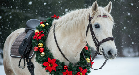 White horse adorned with festive Christmas garland and red poinsettias standing outdoors in gentle snowfall.の素材