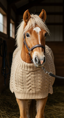Chestnut pony wearing a cozy knitted sweater in a stable, showcasing equestrian care and warmth during colder weather seasons.の素材