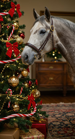 Curious gray horse standing beside a decorated christmas tree with baubles, red bows, garlands, and wrapped gifts indoors.の素材