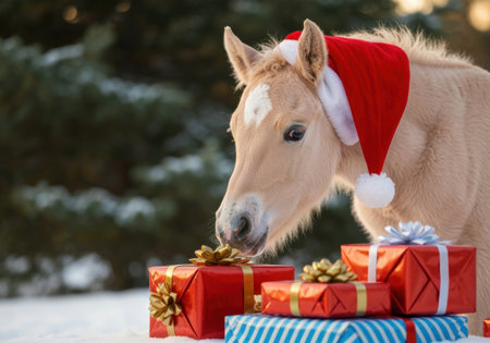 Adorable foal wearing santa hat curiously inspecting wrapped holiday gifts outdoors on a snowy winter day with evergreen background.の素材