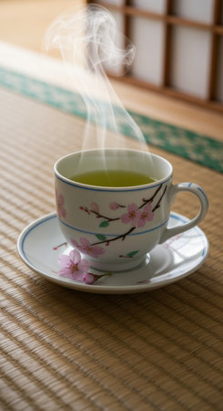 Hot green tea in a cherry blossom porcelain cup with rising steam on a traditional tatami mat in a serene Japanese room.の素材