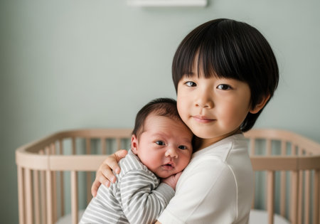 Older sibling embracing newborn baby in bright nursery room, showcasing warmth, caregiving, and family connection in peaceful setting.の素材