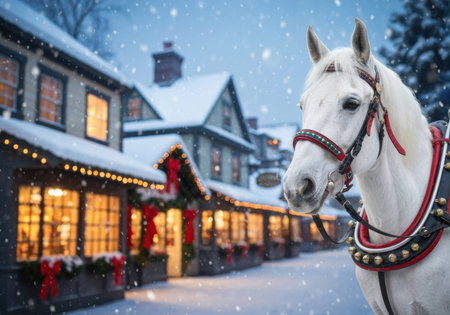 White horse in festive harness stands in a snowy village street with holiday decorations and glowing warm lights at dusk.の素材