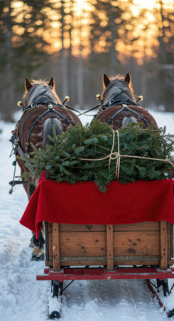 Two horses pulling a wooden sleigh with green fir branches through a snowy forest path at sunset in winter.の素材