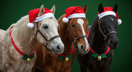 Three festive horses wearing santa hats and christmas collars standing side by side against a solid green background.の素材