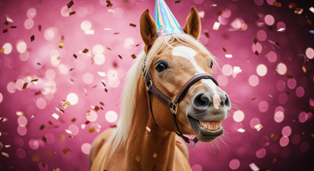 Smiling light brown horse wearing a party hat celebrates against a sparkling pink confetti background with festive atmosphere.の素材