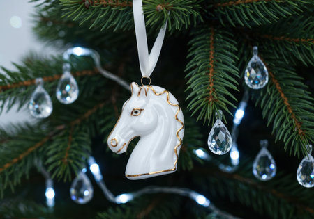 Elegant white ceramic horse head ornament hanging on a festive evergreen branch with crystal decorations and glowing string lights.の素材