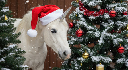 magical white unicorn wearing santa hat stands among snowy evergreen trees decorated with red and gold ornaments during winter.の素材