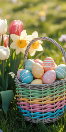 Colorful easter eggs in a woven pastel basket surrounded by blooming tulips and daffodils on a sunny grassy field in spring.の素材
