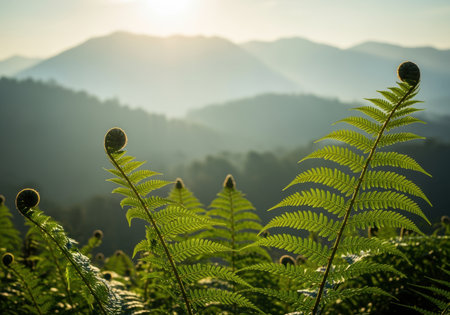 Fern fronds unfurling at sunrise in a misty mountain landscape, highlighting early morning nature and tranquil outdoor scenery.の素材