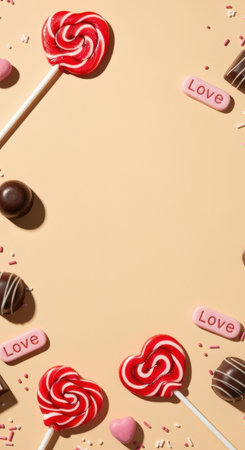 Assorted heart shaped lollipops and chocolates with candy sprinkles on beige background featuring love themed sweets.の素材