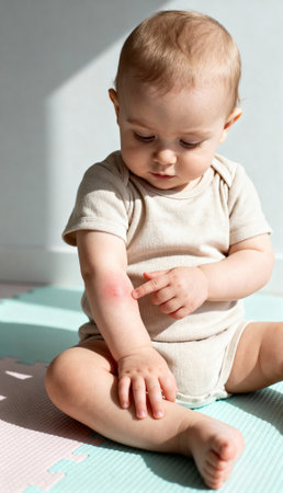 Curious baby examining red irritated rash on arm while sitting on play mat in bright natural home environment.の素材