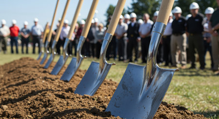 Shiny shovels lined up in soil as people in safety helmets gather for a groundbreaking ceremony on a sunny day outdoors.の素材