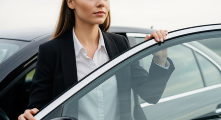 Confident young businesswoman stepping out of modern car in formal attire, ready for a professional day in the city.の素材